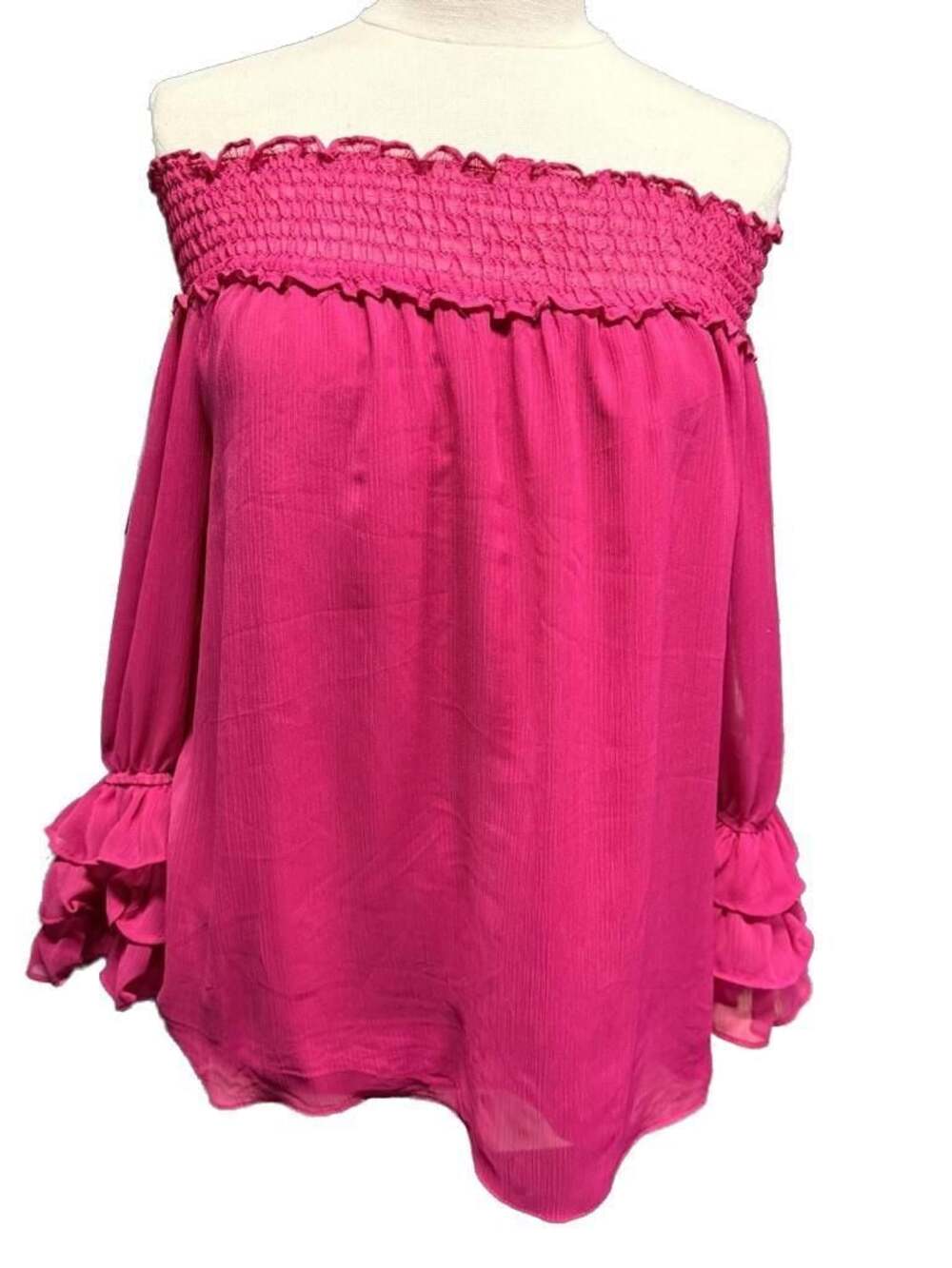 CeCe Off-the-Shoulder Smocked Tiered Ruffle Sleeve Blouse Pink Size XS